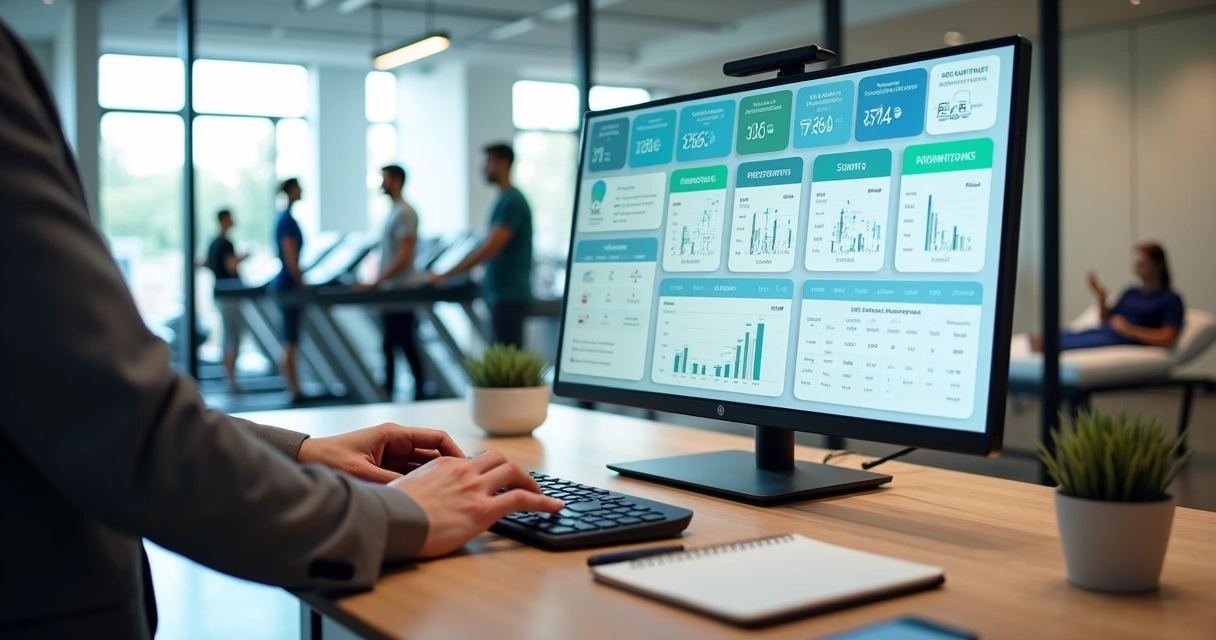 Painel de controle digital mostrando gestão integrada de academia e clínica 