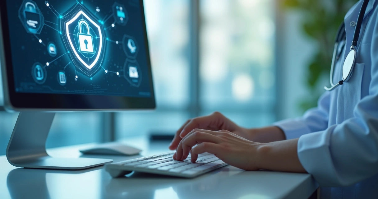Profissional registrando informações de clientes em clínica com segurança digital 