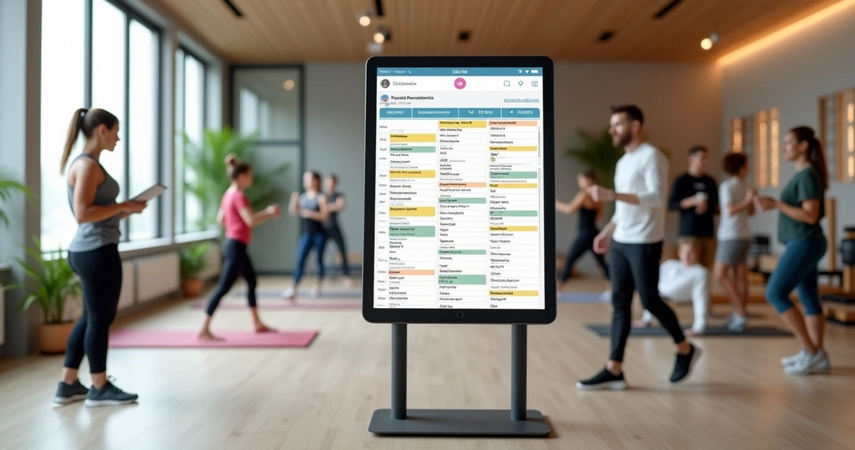 Gestor acompanha agenda online de academia em tablet gigante no centro da sala 