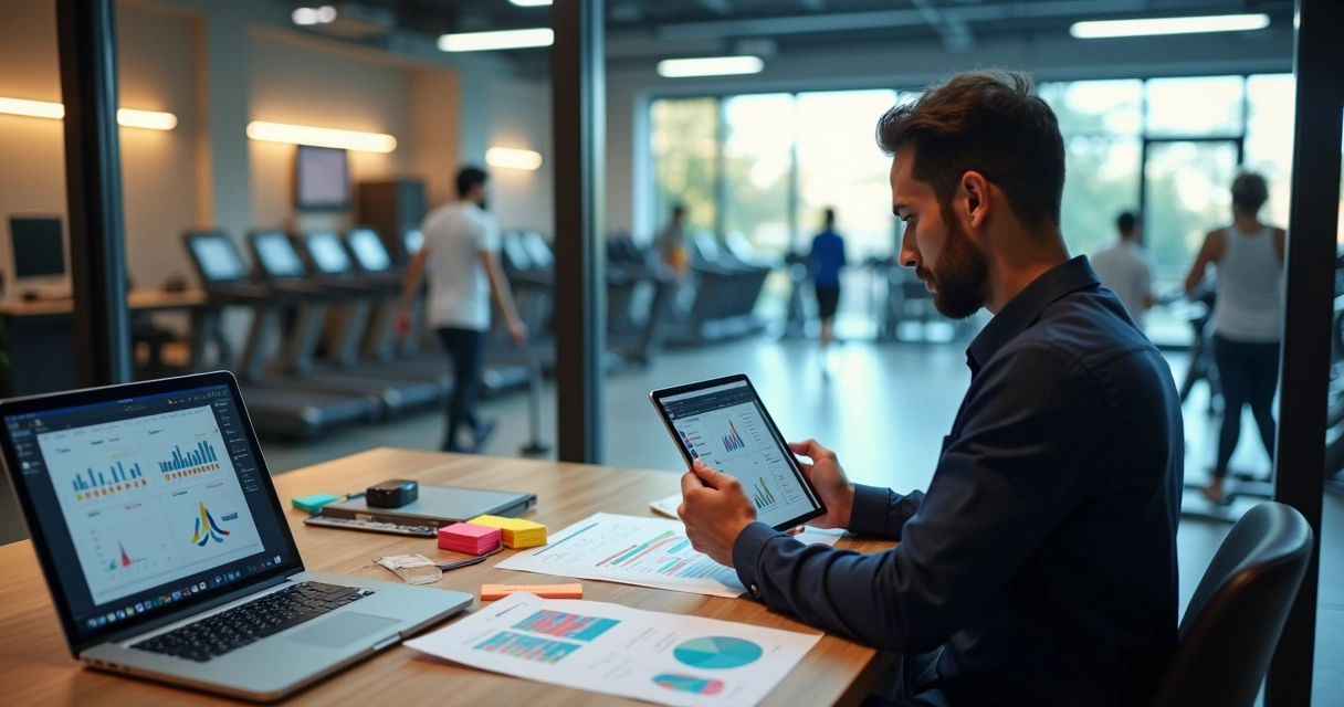 Gestor de academia avaliando painéis de software de gestão em tablet 