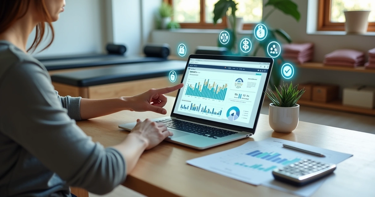 Painel com gráficos financeiros coloridos em estúdio moderno de movimento e bem-estar 