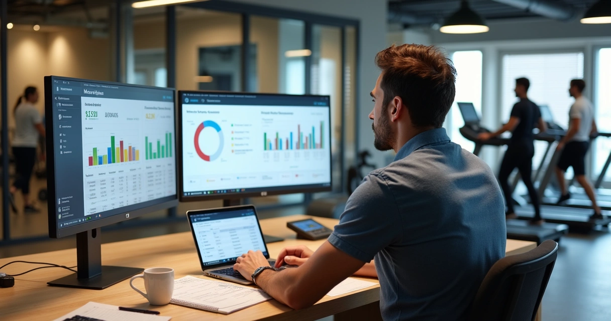 Gestor analisando painel financeiro digital em academia moderna 