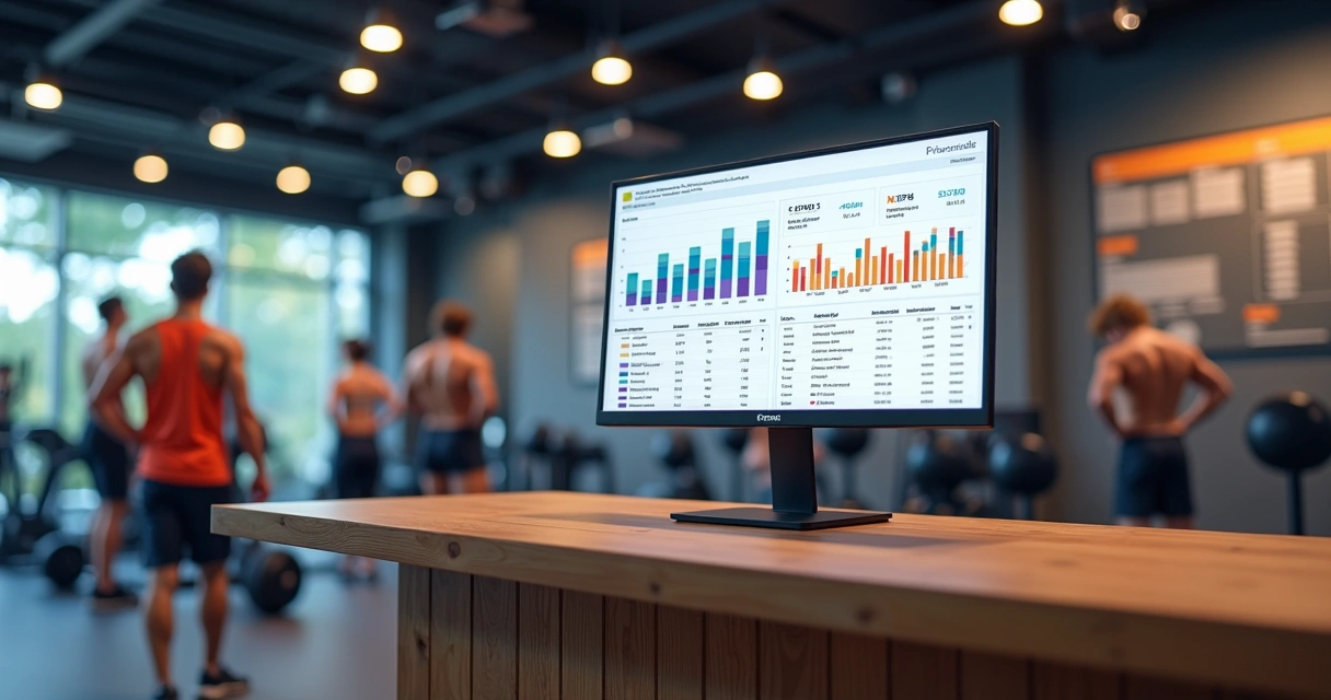 Painel digital com gráficos e controles financeiros em academia 
